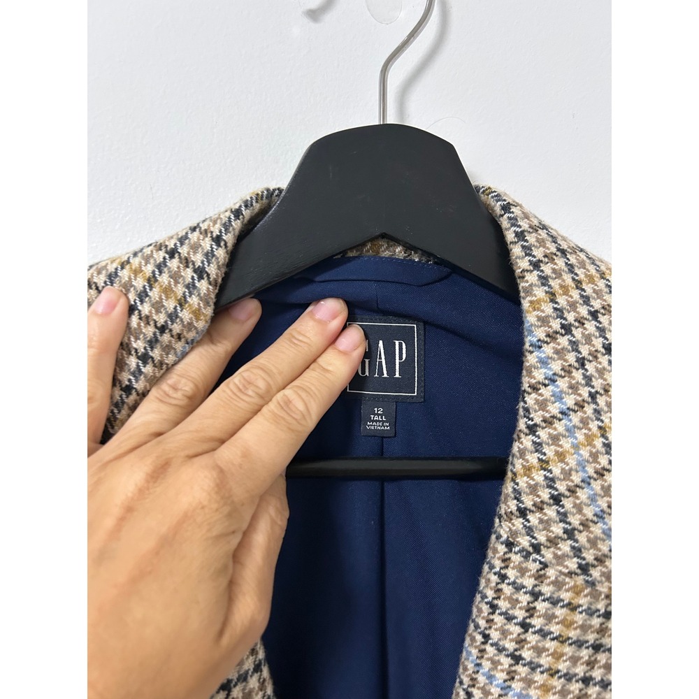Gap Double Breasted Plaid Blazer Women 12 Tall Brown Dark Academia Houndstooth - Picture 6 of 12